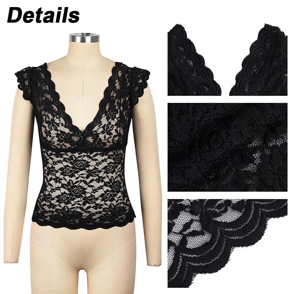 Canotte da donna in pizzo sexy con scollo a V, canottiere da donna, vestibilità slim, senza maniche, camicia elasticizzata