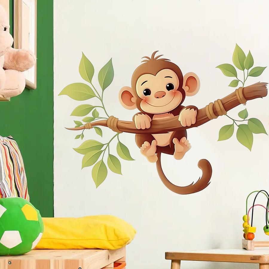 Cute Cartoon Little Monkey On Branch Wall Stickers, Self-Adhesive Decor for Kids Room Bedroom Background Wall Decoration