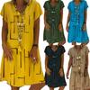 Vintage Women Solid Color V Neck Short Sleeve Printed Loose Knee-length Dress