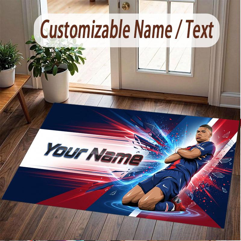 Custom Rug Kylian Mbappe Pattern Print Name Text Soft Non‑Slip Floor Carpet for Home Indoor Decoration