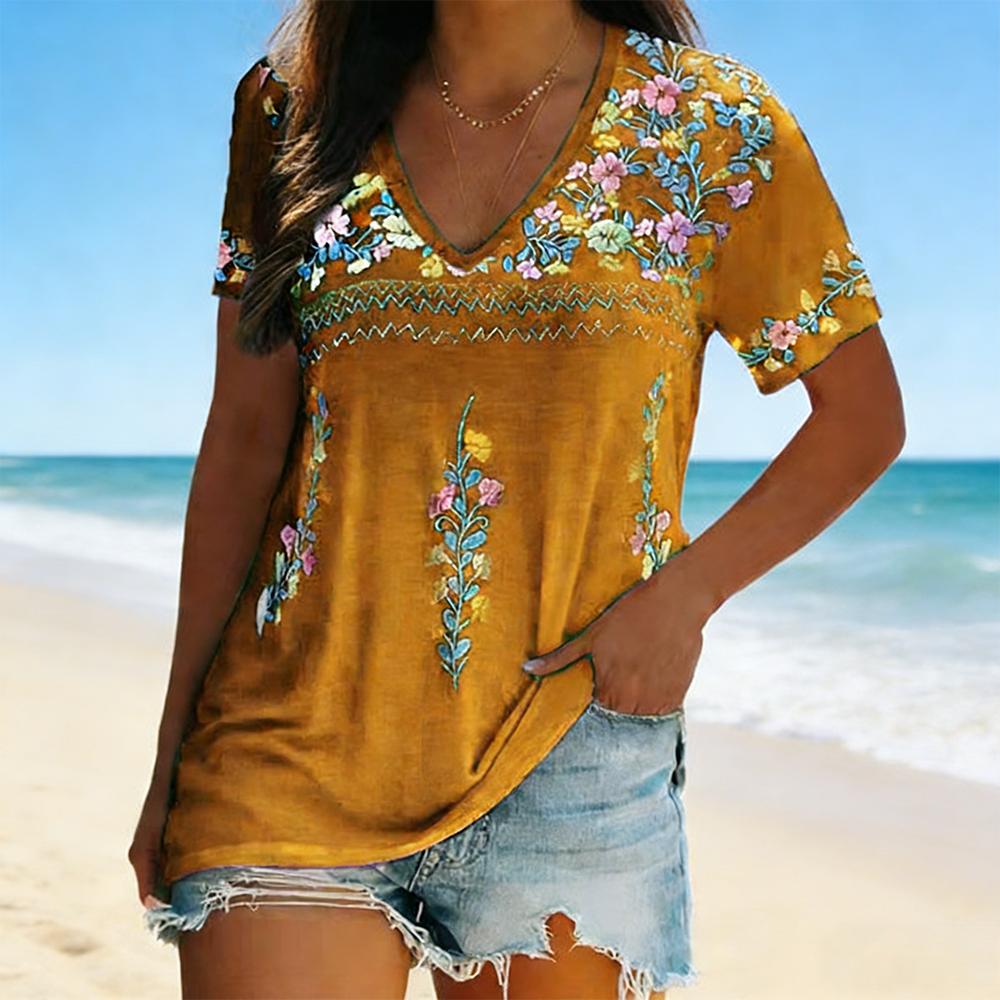 2026 New European & American Women's Summer Collection | Bohemian Printed V-Neck Short Sleeve T-Shirt