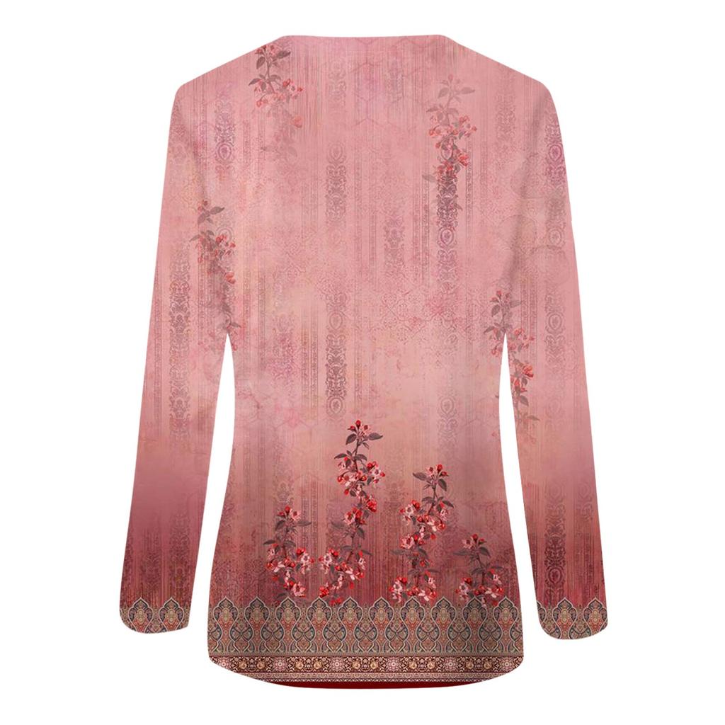 Women's Fashion Casual Long Sleeve Print Round Neck Pullover Top Blouse