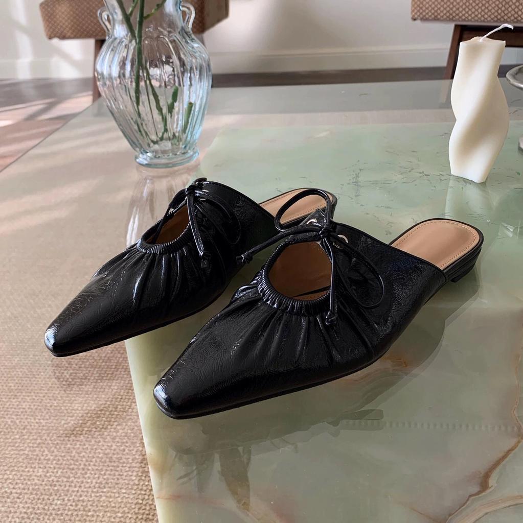 Leather French Niche Pleated Lace-up Bag Head Half Slippers Women's 2025 Spring and Summer Fashion Pointed Flat-soled Mullers