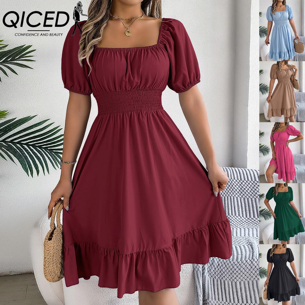 QICED Spring and Summer Casual Square-neck Short-sleeved, Waist-cinched, Ruffled A-line Skirt Women's Clothing