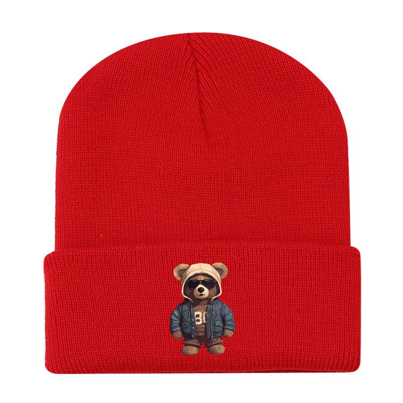 European and American New Autumn and Winter Hats, Women's Bear Printed Knitted Hats, Sleeves, Outdoor Warm Wool Hats, Men