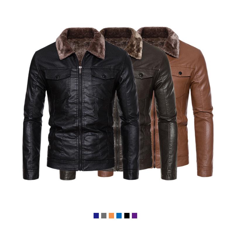2023 Men's Lapel PU Leather Jacket - Thickened Velvet for Light Business Casual Autumn/Winter Wear