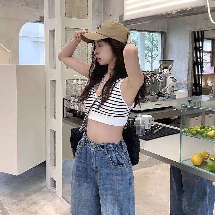 Ribbed Anti-Slip Bustier Solid Color Stripe Sling Anti-Slip Student Padded Yoga Sports Bra for Women