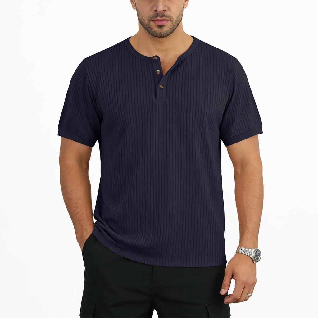 Men's Summer Short Sleeve Henley Shirt Ribbed Texture Button Front Casual Breathable Lightweight T-Shirt