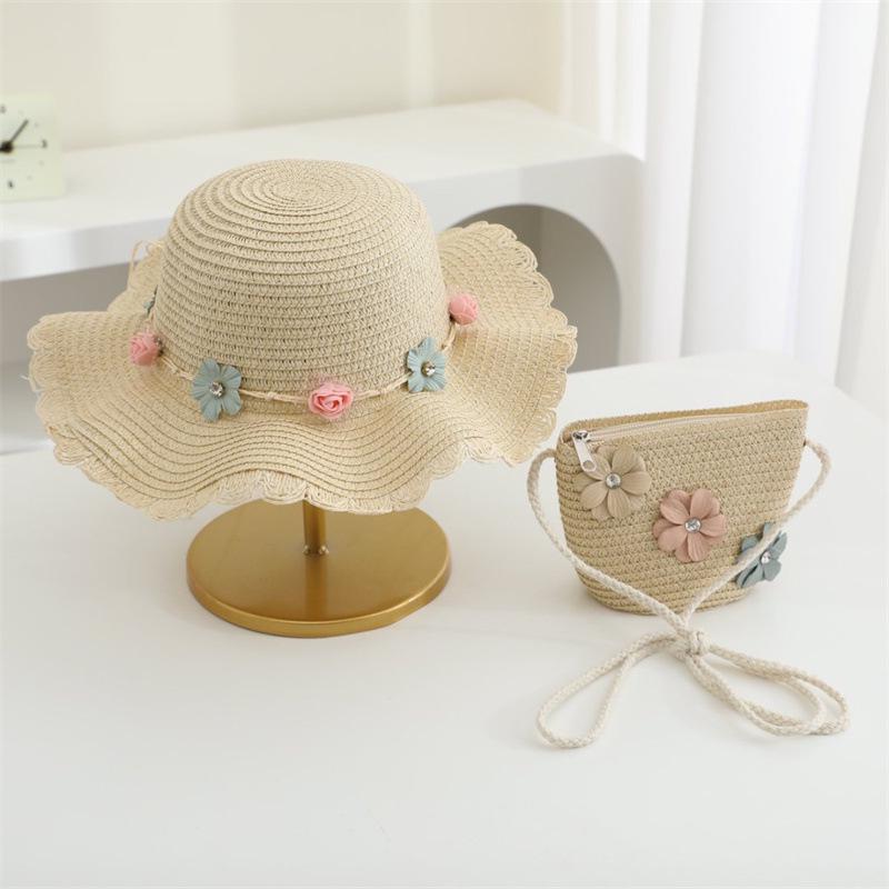 2025 Children's Summer Straw Hat & Crossbody Bag Set: Girls' Fashion, Parent-Child Fisherman Style, Wide Brim Sun Hat.