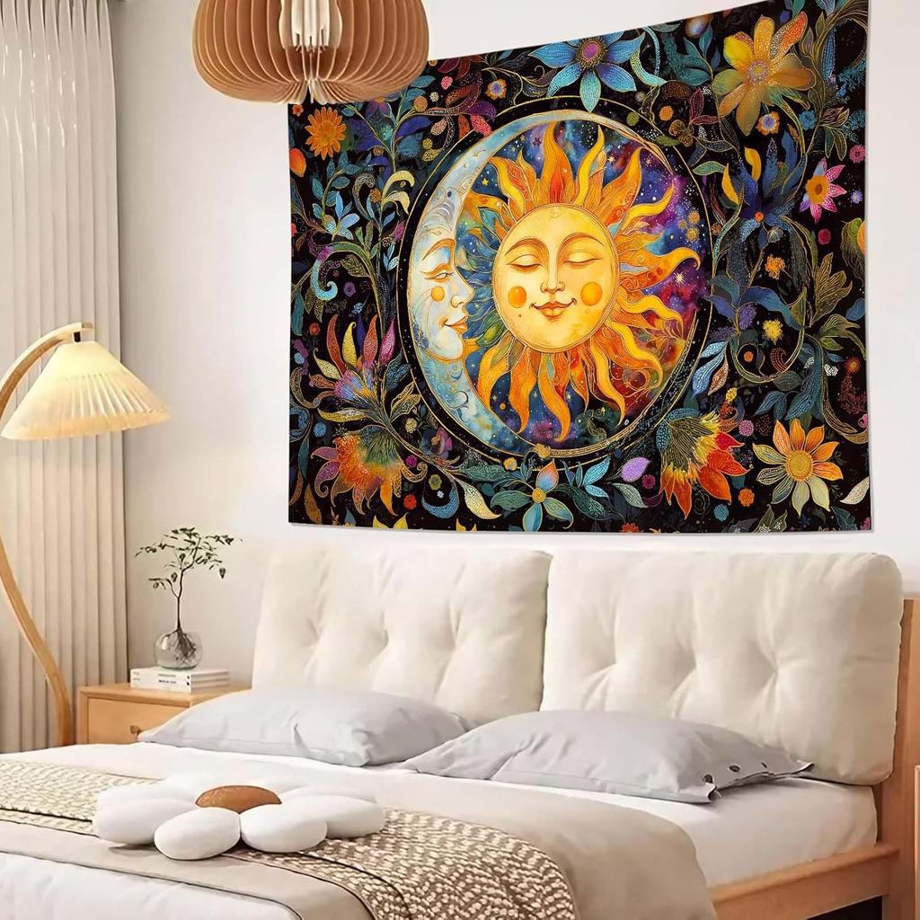 Wegklazax Abstract Sun and Moon Floral Tapestry, Bohemian Hippie Cosmic Wall Art for Room Decor, Artistic Nature Home Decor