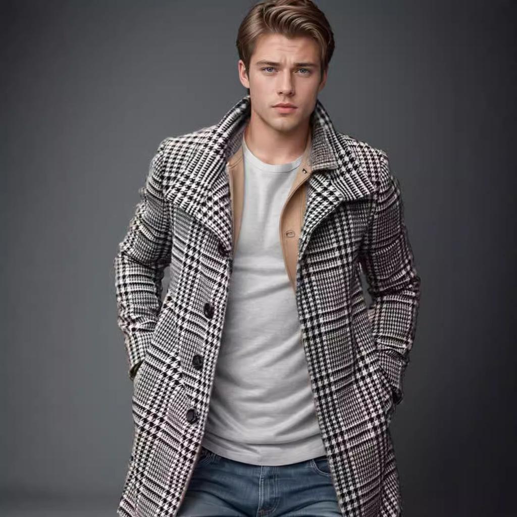 Europäischer, amerikanischer Herbst- und Wintermode-Karierter Reversmantel Mittellanger und langer Mantel