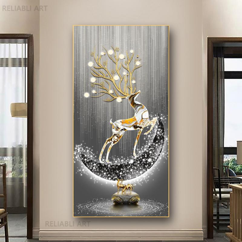New Chinese Fengshui Golden Deer Canvas Painting Abstract Zen Stone Posters and Prints Modern Luxury Wall Art for Porch Decor