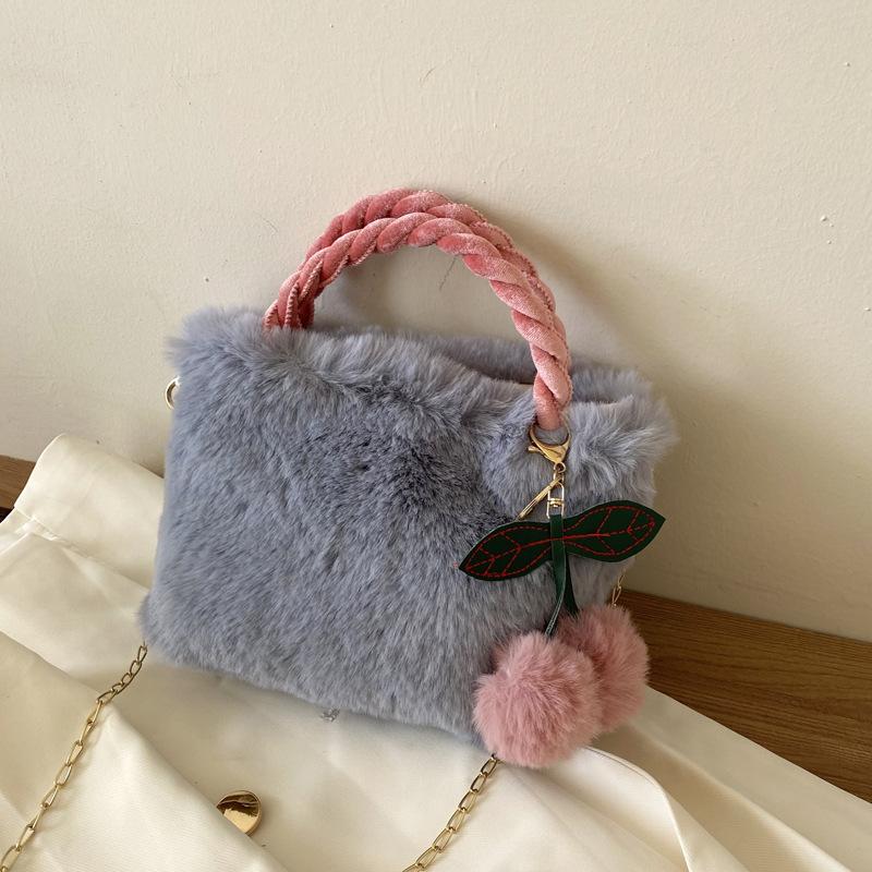 Solid Color Plush Cherry Square Bag Women's Versatile Fashion Chain Shoulder Messenger Bag Winter Small Tote Handbag Bag