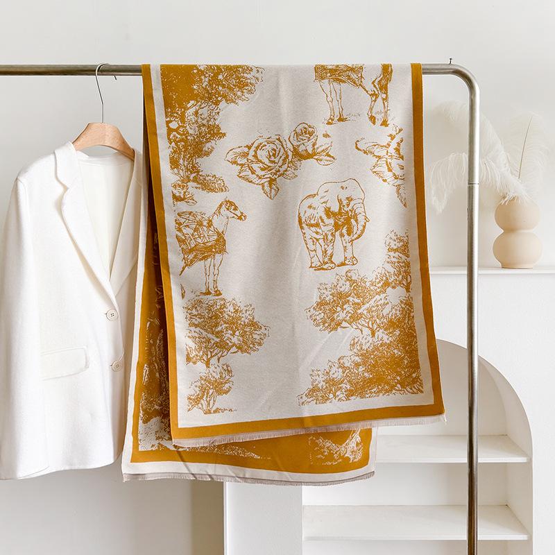 Retro Double-Sided Printing Imitation Cashmere Women'S Scarf Winter Fashion High Temperament Thickened Warm Versatile Shawl