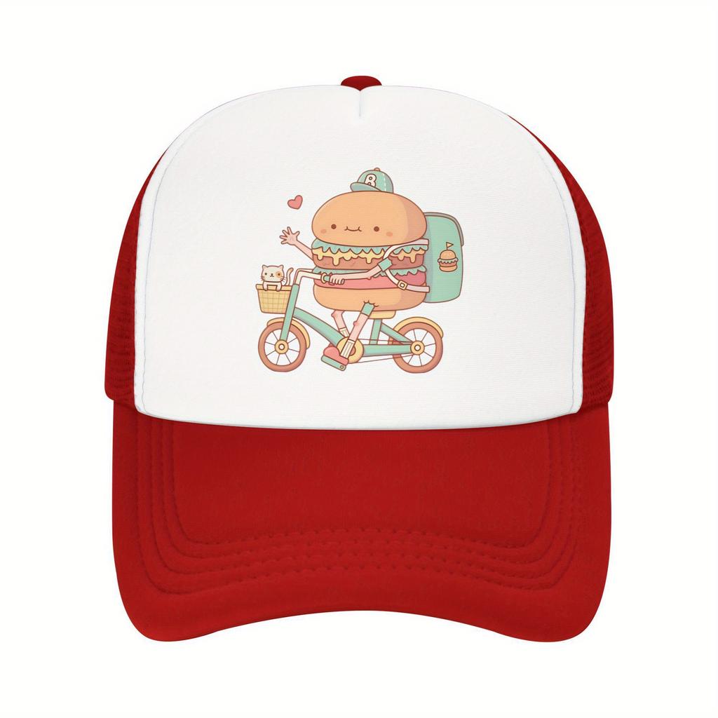 Burger Delivery Biker Trucker Hat Funny Food Print Mesh Back Adjustable Cap for Unisex Casual Outdoor