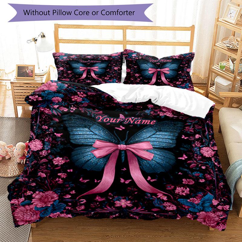 3PC Custom Name Butterfly Garden Dreams Bedding Set Duvet Cover Closure Includes 1 Duvet Cover & 2 Pillowcases for Bedroom
