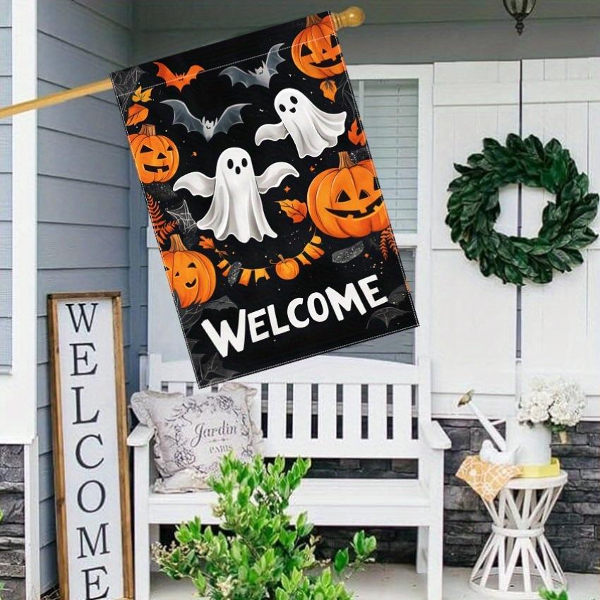 Welcome Halloween Double-Sided Garden Flag Polyester Outdoor Lawn Decoration with Ghosts, Pumpkins, and Bats - No Electricity Needed
