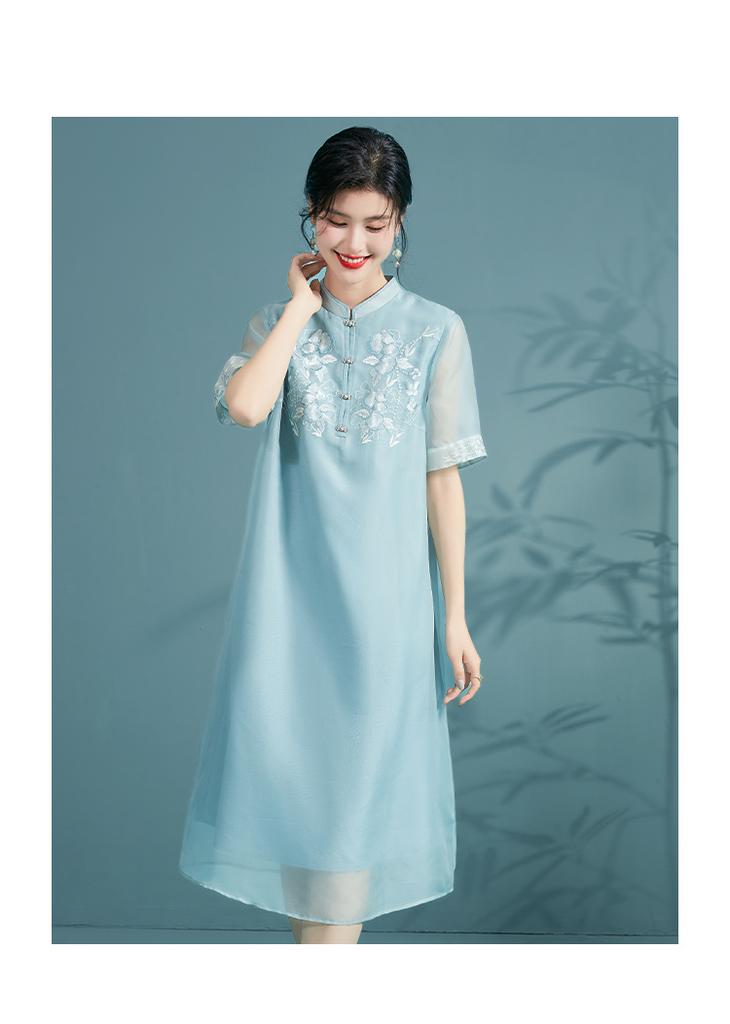 New Chinese Style Silk Dress with Embroidered Organza and Mulberry Silk for Summer