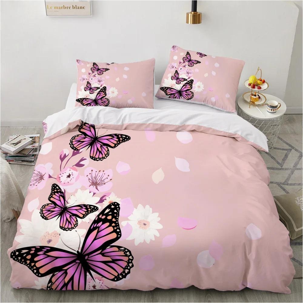 Floral Butterfly Duvet Cover Set, Watercolor Rose Flower Bedding Set, Soft Microfiber Quilt Cover Pillowcases