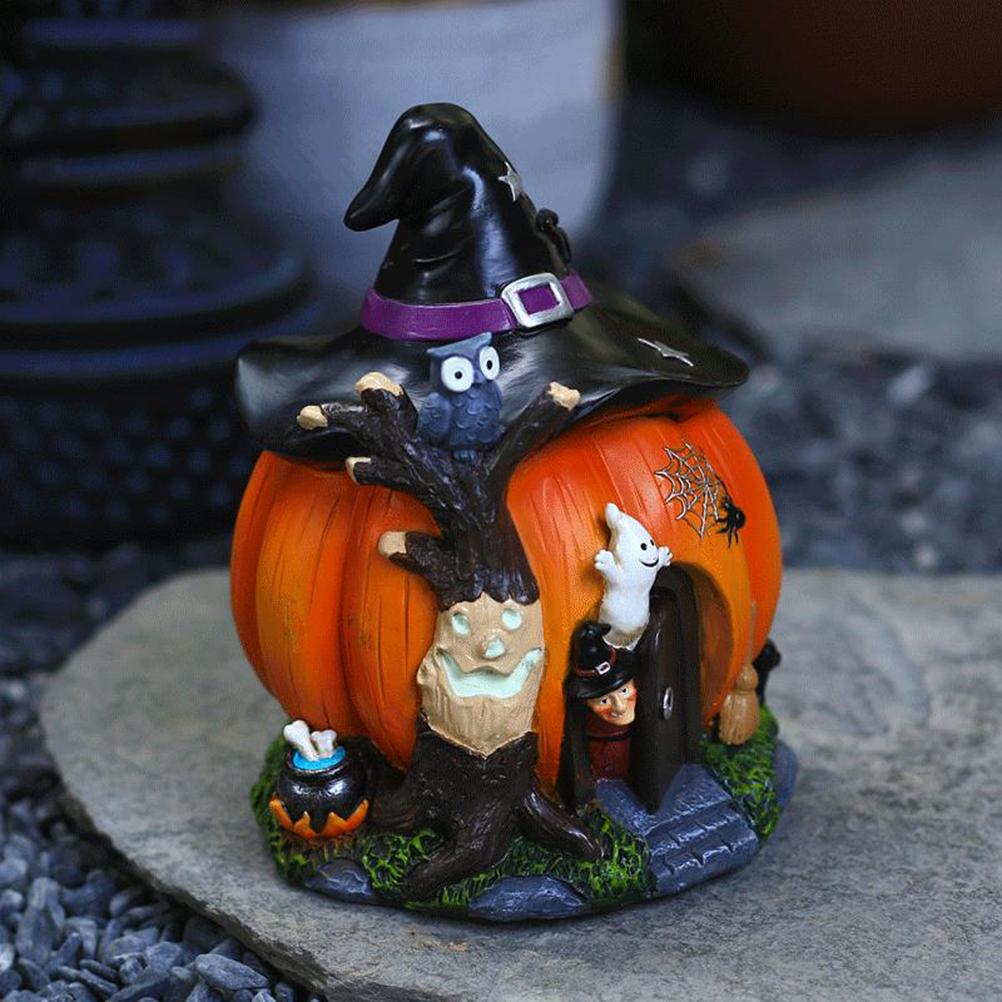 Halloween Witch Pumpkin House Figurine Luminous Resin Pumpkin Statue Crafts Desktop Ornament