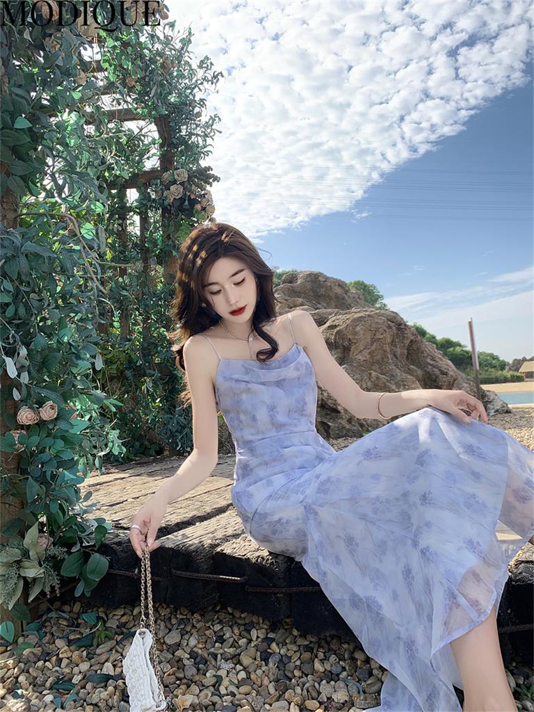 MODIQUE Summer Women Elegant Floral Embroidery Backless Mesh Gauze Chiffon Girly Halter Long Dresses Lady Light Wedding Dress Toasting Dress