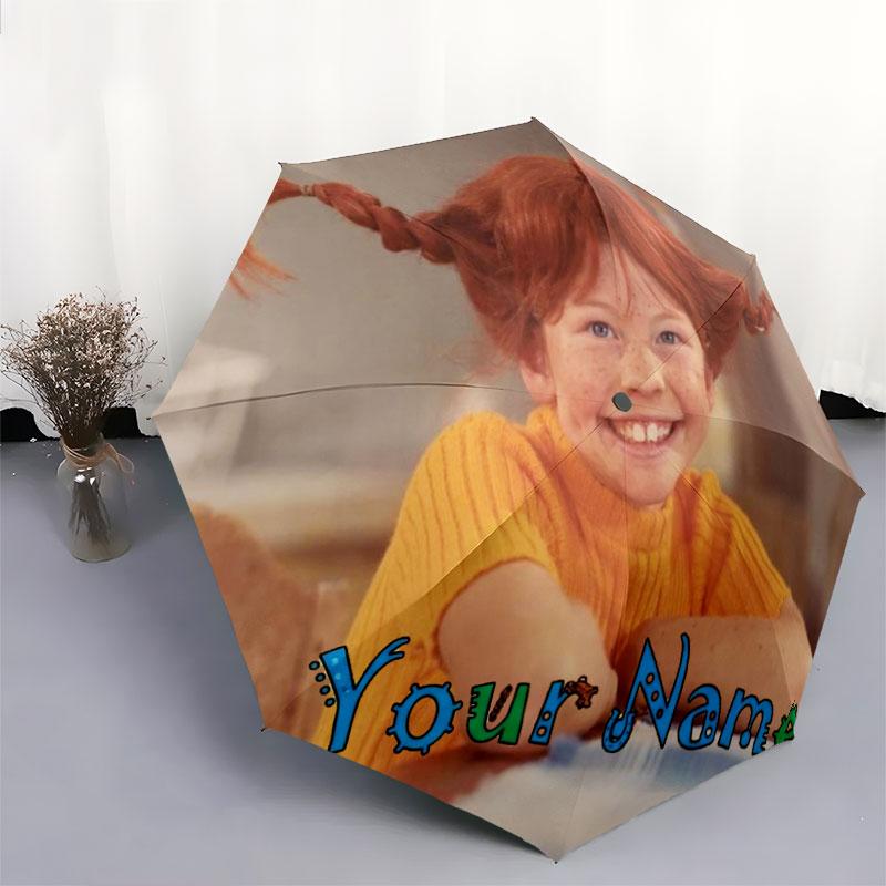 1 PC Automatic Folding Umbrella - Pippi Longstocking Custom Name Pattern, Portable & Foldable Design with 8 Ribs, Christmas Birthday Gifts