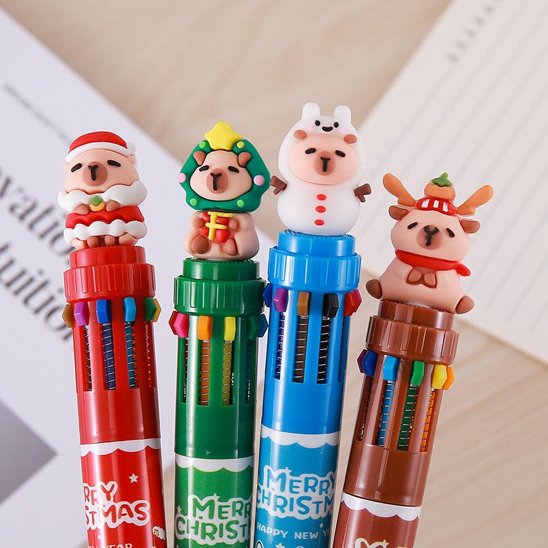 Cute Cartoon Christmas Ten-color Ballpoint Pen with Santa, Reindeer, and Snowmen