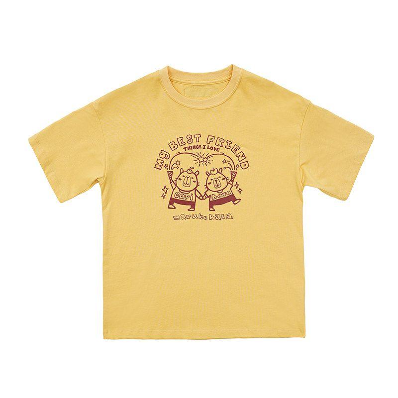 Toothpick Pills and Friends [Forever Good Friends] Casual Print Short sleeve T-shirt Girls Summer Half Sleeve Wheat Straw Yellow 130