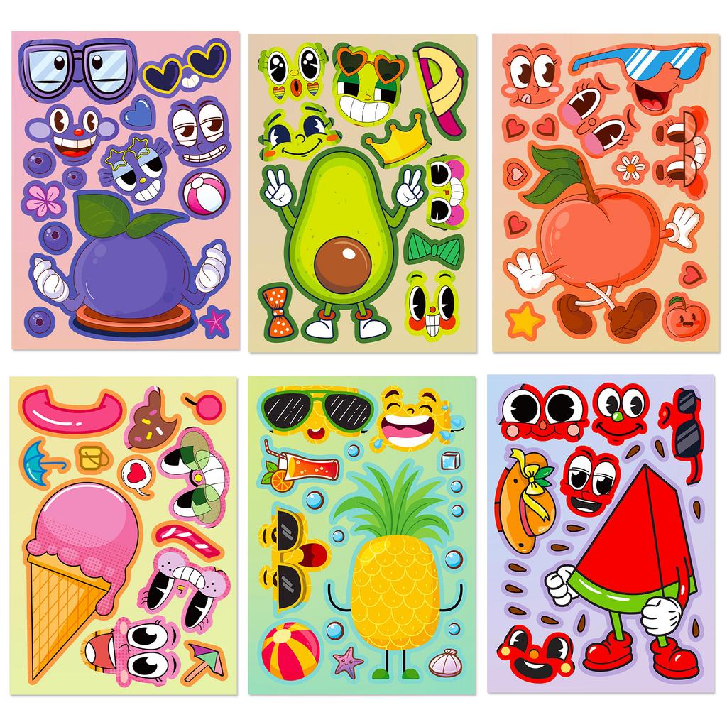 6 Photos/pack of Fruits In Summer Colorful Face-changing Stickers Make A Face Children's Creative Puzzle Stickers