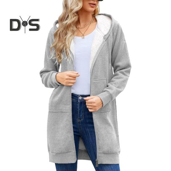 Damen Winter Hoodie Verdickte, mit Plüsch gefütterte, langärmlige Oberbekleidung Mittellanger, einfarbiger Kordelzug-Reißverschlussmantel für den täglichen Arbeitsweg