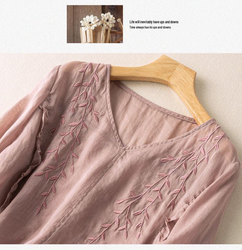 Women's Retro Embroidered Cotton & Linen Top - Loose Fit, Versatile, 2024 Summer Collection