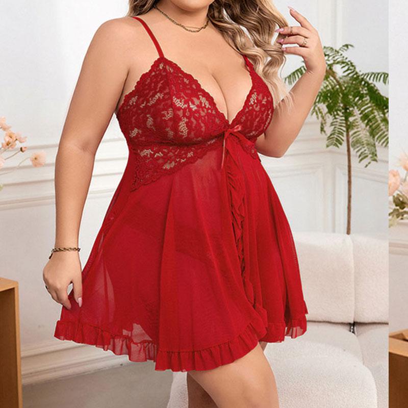 2-piece Set Of Oversized Transparent Sexy Nightgown Wine Red Hot Lingerie Night Dress Beautiful Pajamas With Thong Sex Babydooll