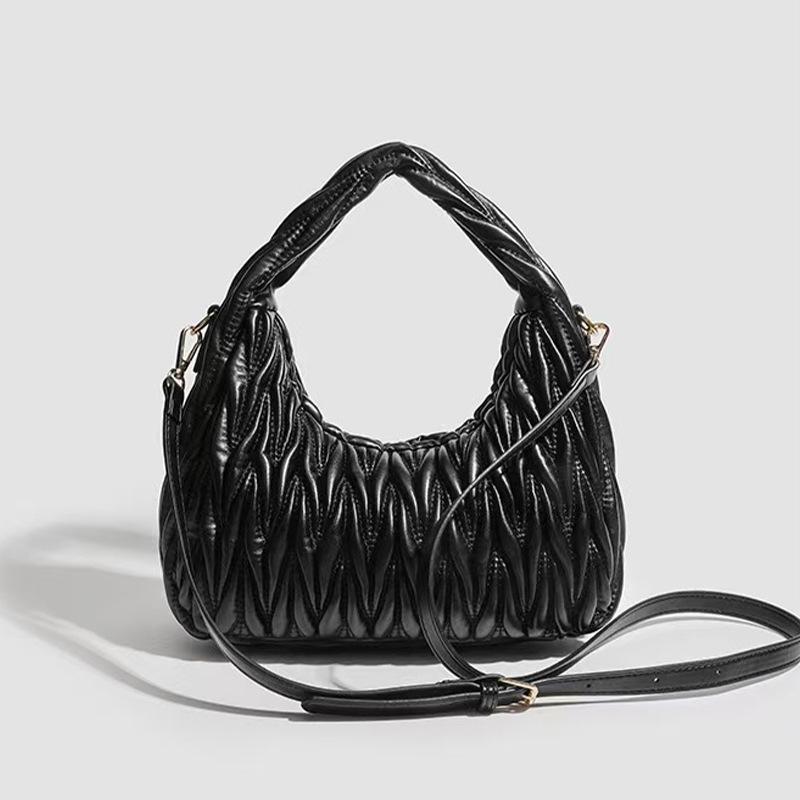 Women's Black 3D Pleated Crescent Crossbody Bag