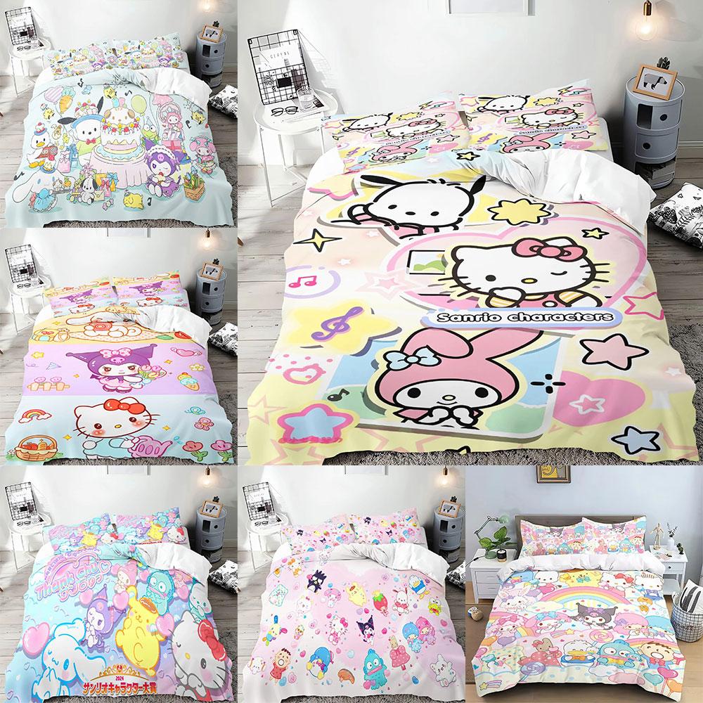 Sanrio Bedding Sets Hello Kitty Kuromi Cinnamoroll Comforter Bed Cover Duvet Cover Pillow Case 2-3 Pieces Sets Kids Adult Size