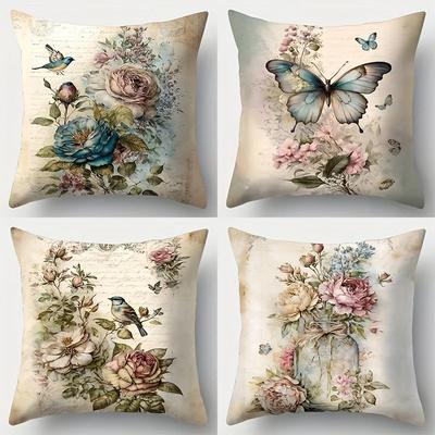 Home Decor Floral & Bird Pattern Decorative Pillow Covers Pattern Cushion Cover Suitable For Sofa Bedroom Car Pillow Cover