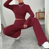 2Pcs/Set Women Solid Color Knitting Outfit Turtleneck Long Sleeve Cropped Tops High Waist