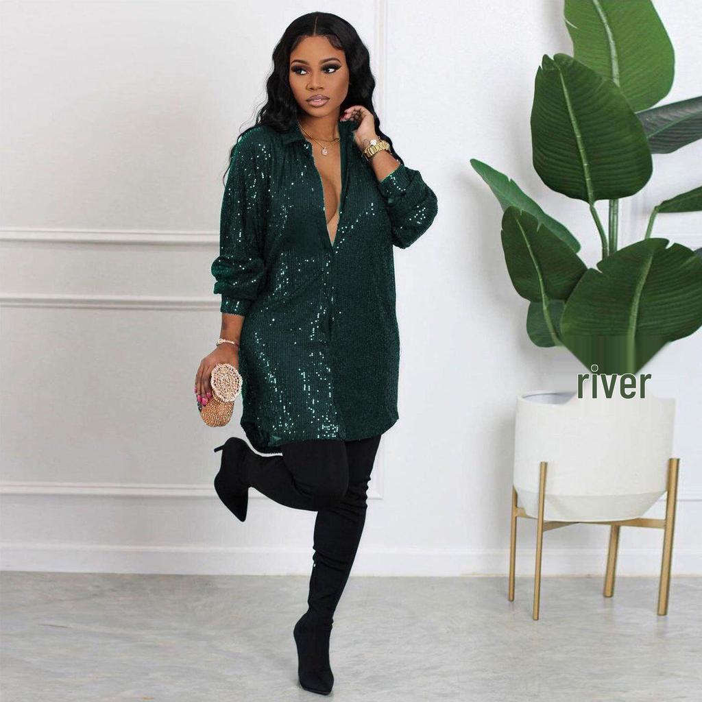 Stylish European & American Sequin Shirt Dress