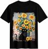 Women's T Shirt Sunflower Black Cat Graphic Tees Floral Animal Short Sleeve Tops Black Women's Crew Neck Ribbed Fitted Shirt