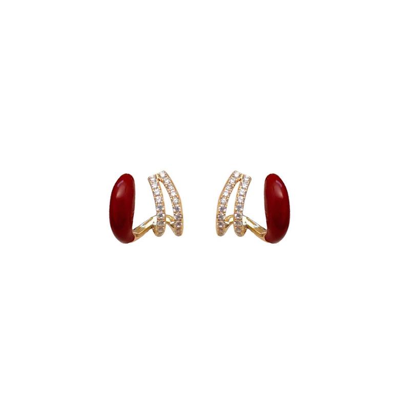Wine Red C-shpaped Stud earrings for women curved crystal luxury wedding ear decoration female small earring
