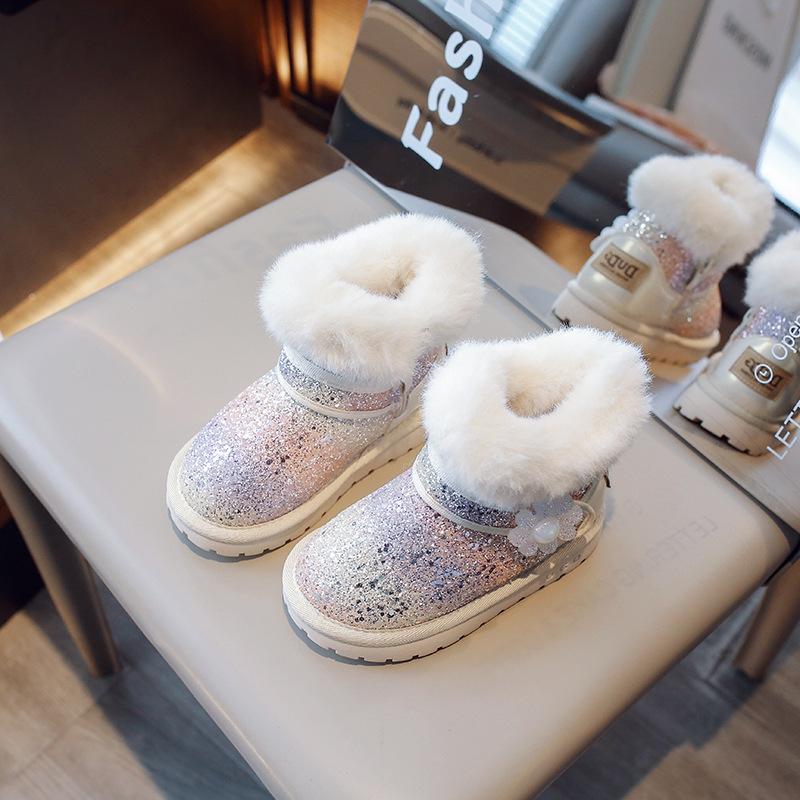 Children's Snow Boots New Winter Model for Girls, Thick Cotton Shoes with Fleece Lining, Baby Boots, Leather and Fur Integrated Cotton Boots,
