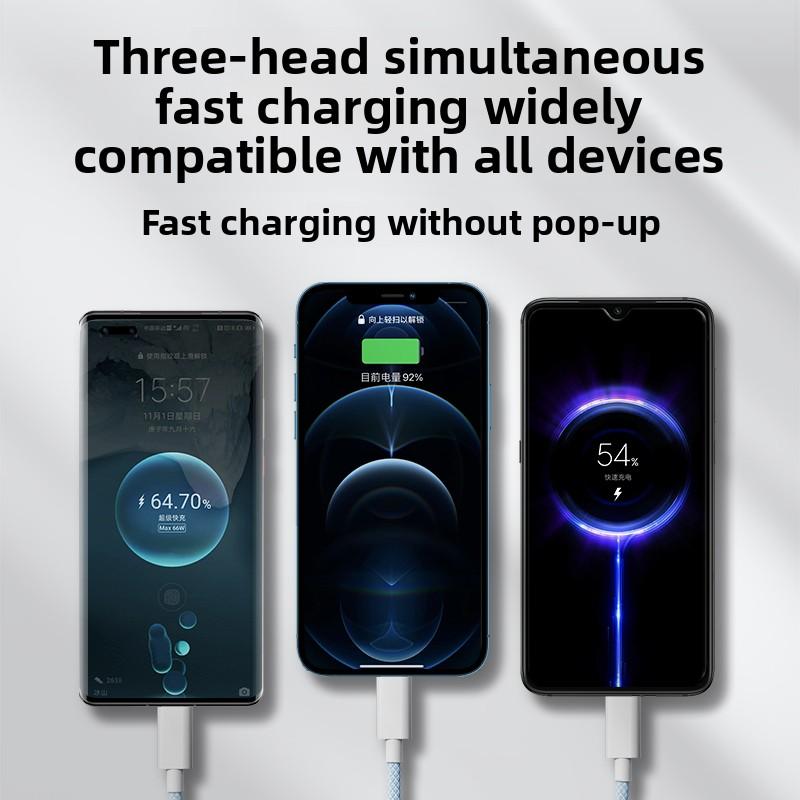 High Quality 3-in-1 Weave Charging Cable Micro USB Type-C Fast Charger Multi Usb Port Charging Cord Data Cable for Mobile Phone