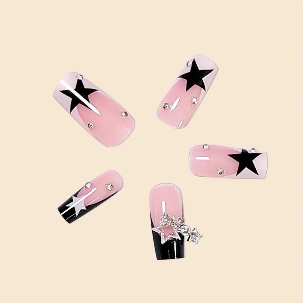 Y2K Black French Square Nails, Star & Silver Pendant Press On Nails with Sparkling Rhinestones