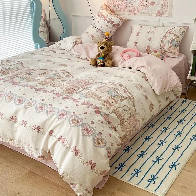Girls Boys Gift Bedding Set Cute Bear Duvet Cover Set With Zipper Pink Heart Bed Sheet Pillowcases No Filler Twin Queen Size