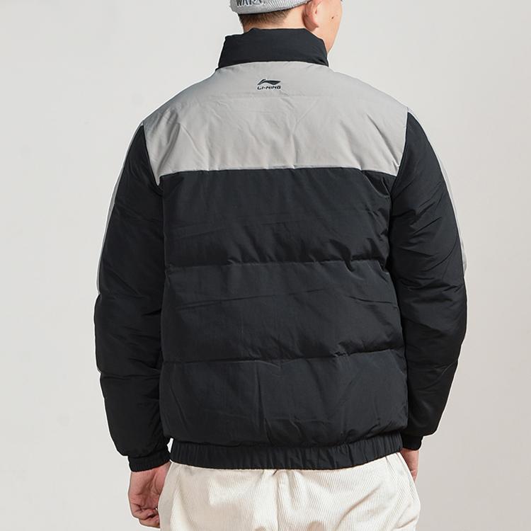 Li Ning Stand Collar Casual Color Block Short Warm Down Jacket Men Jacket Black Iron Gray AYMQ125-2
