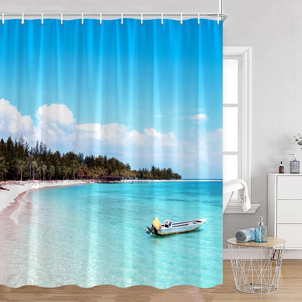 Seaside Beach Shower Curtains Summer Vacation Coconut Trees Seascape Sea Scenery Bathroom Decorations Polyester Bath Curtain