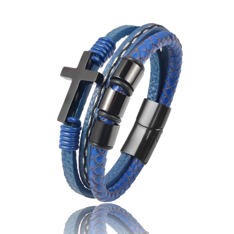 

MingAo New Custom Engraved Family Name Beads Cross Bracelets Black Braided Leather Stainless Steel Bracelets for Men Fathers 20.5cm
