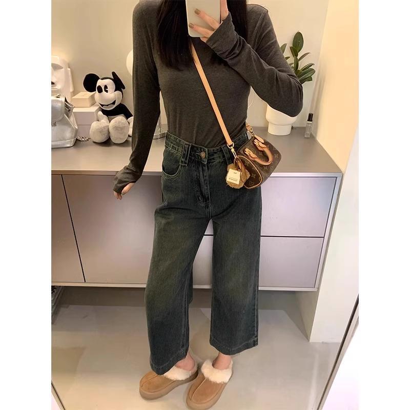 Women's Plus Size High Waist Retro Wide Leg Jeans - Petite Loose Fit, Nine-Point Length for Autumn