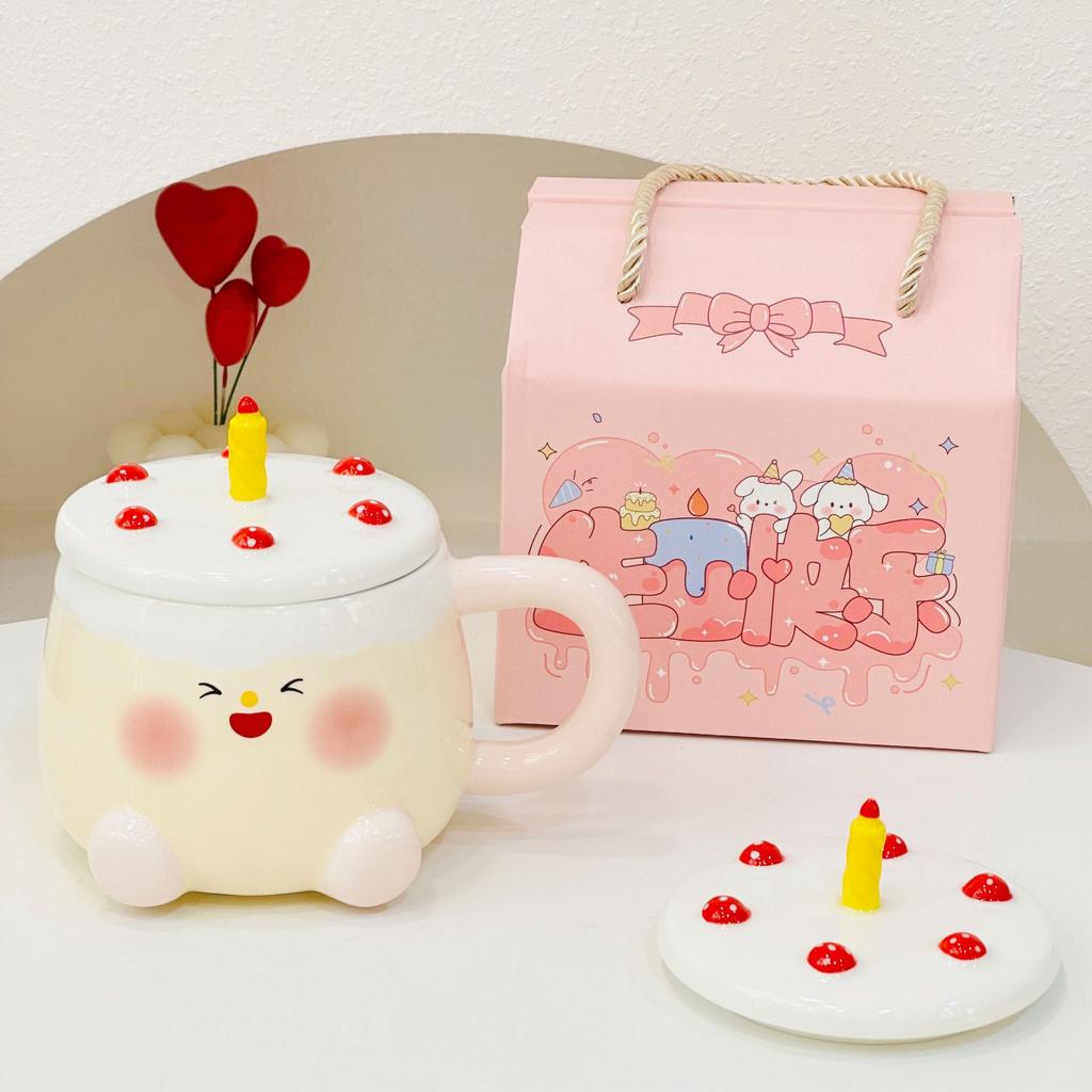 High looking Cake Ceramic Cup for Girls Cute Cartoon Home Set of Mug with Lid Coffee Cup Gift Box