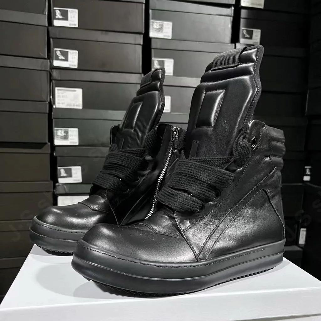 R-o Designer Men Shoe Full Black Leather Ankle Boot Sneaker High Top Casual Shoes Jumbo Laces Zipper Women Boots Flat Sneakers