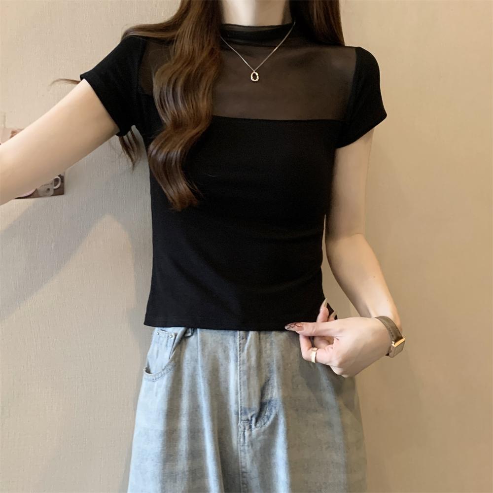 Summer Pure Cotton Mesh Splicing T Shirt for Women Solid O-neck Short Sleeve T-shirts Perspective Slim Elastic Skinny Black Tops